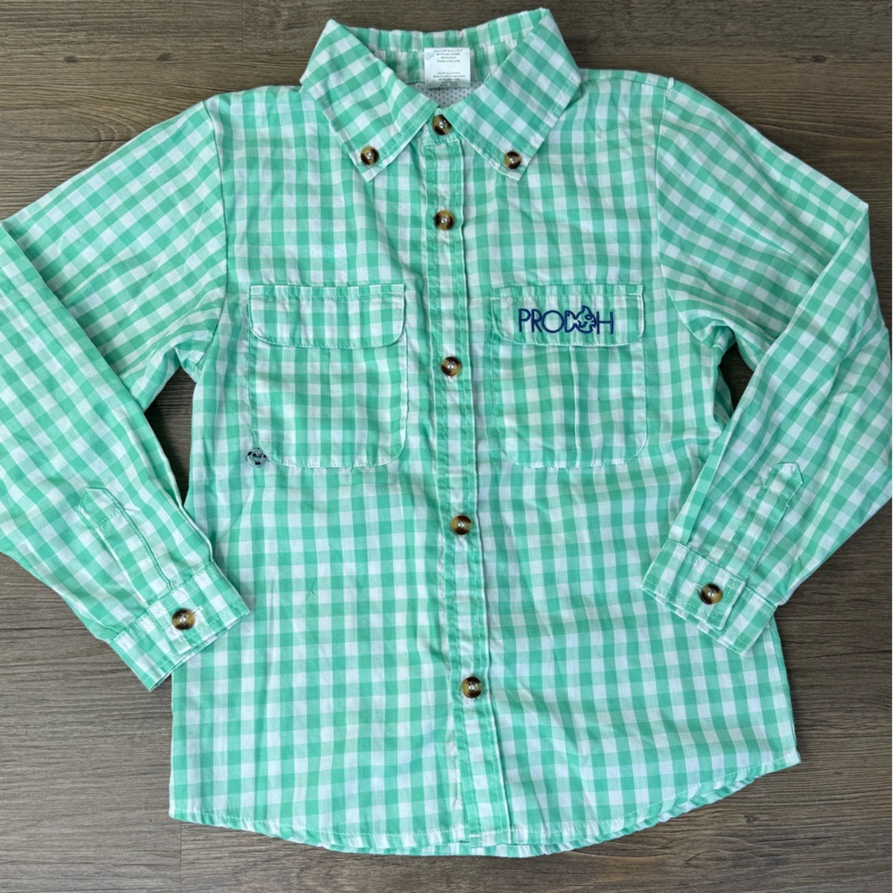 Prodoh Kids Green White Gingham Kids Button Down Fishing Shirt, size Small (8)